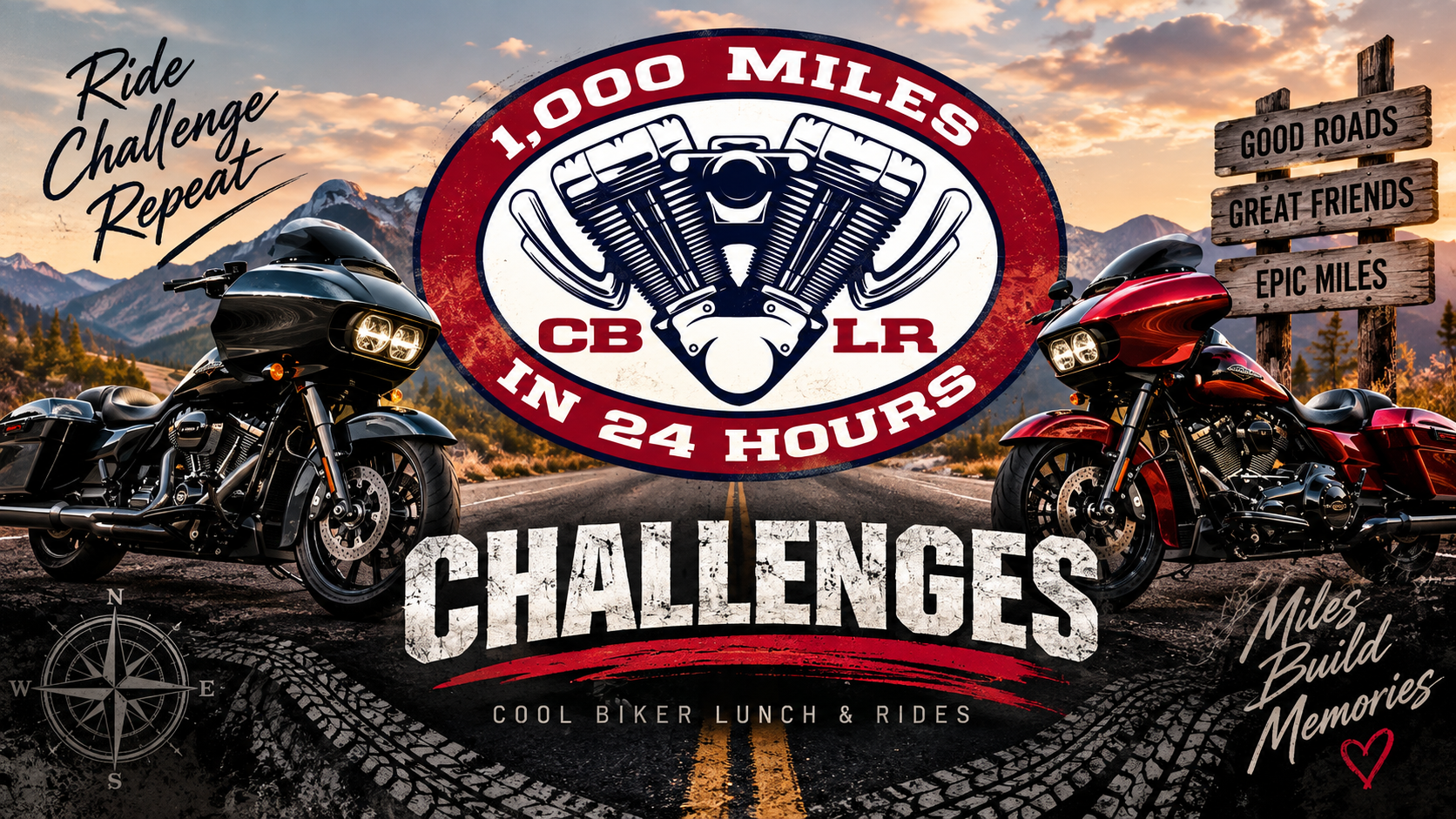 CBLR Challenges artwork: 1,000 miles in 24 hours, motorcycles and mountain scenery. Ride, challenge, repeat. Good roads, great friends, epic miles.
