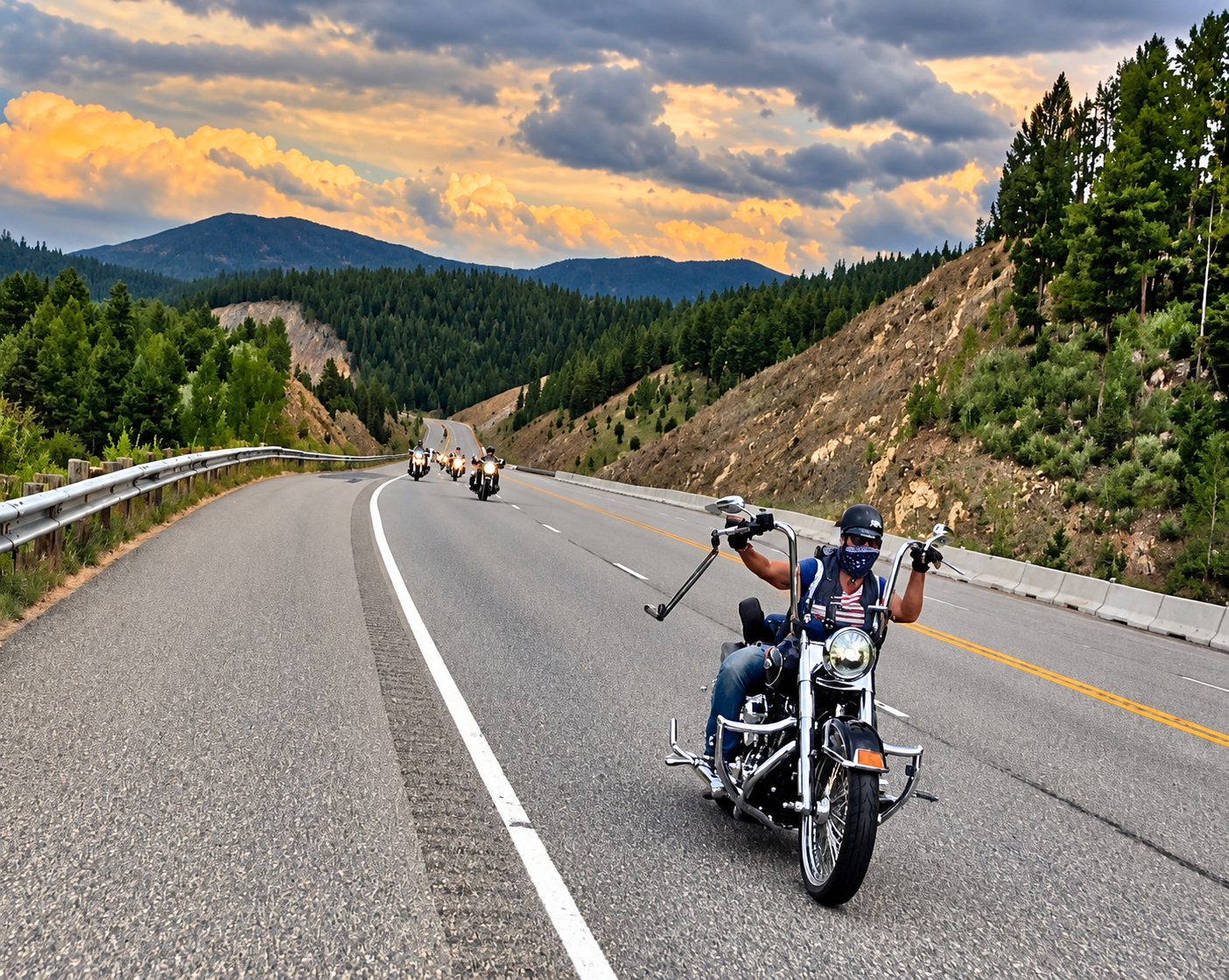 A rider on a motorcycle with fellow riders following along a winding mountain road
