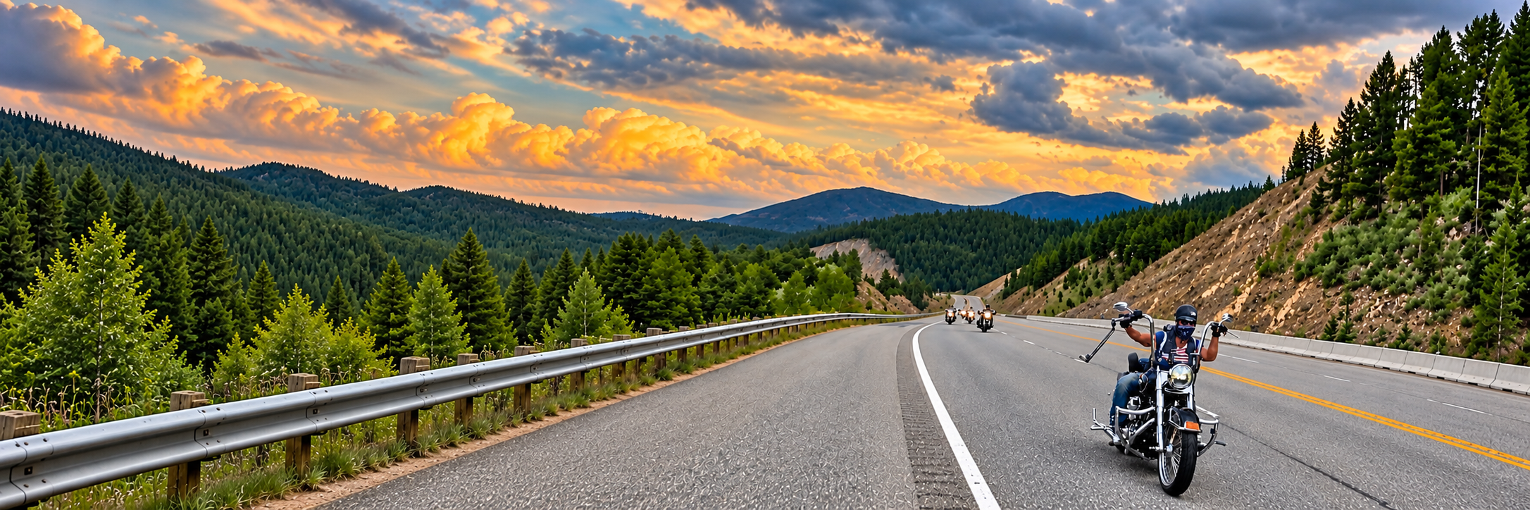 Motorcycle riders beneath a panoramic golden mountain sky