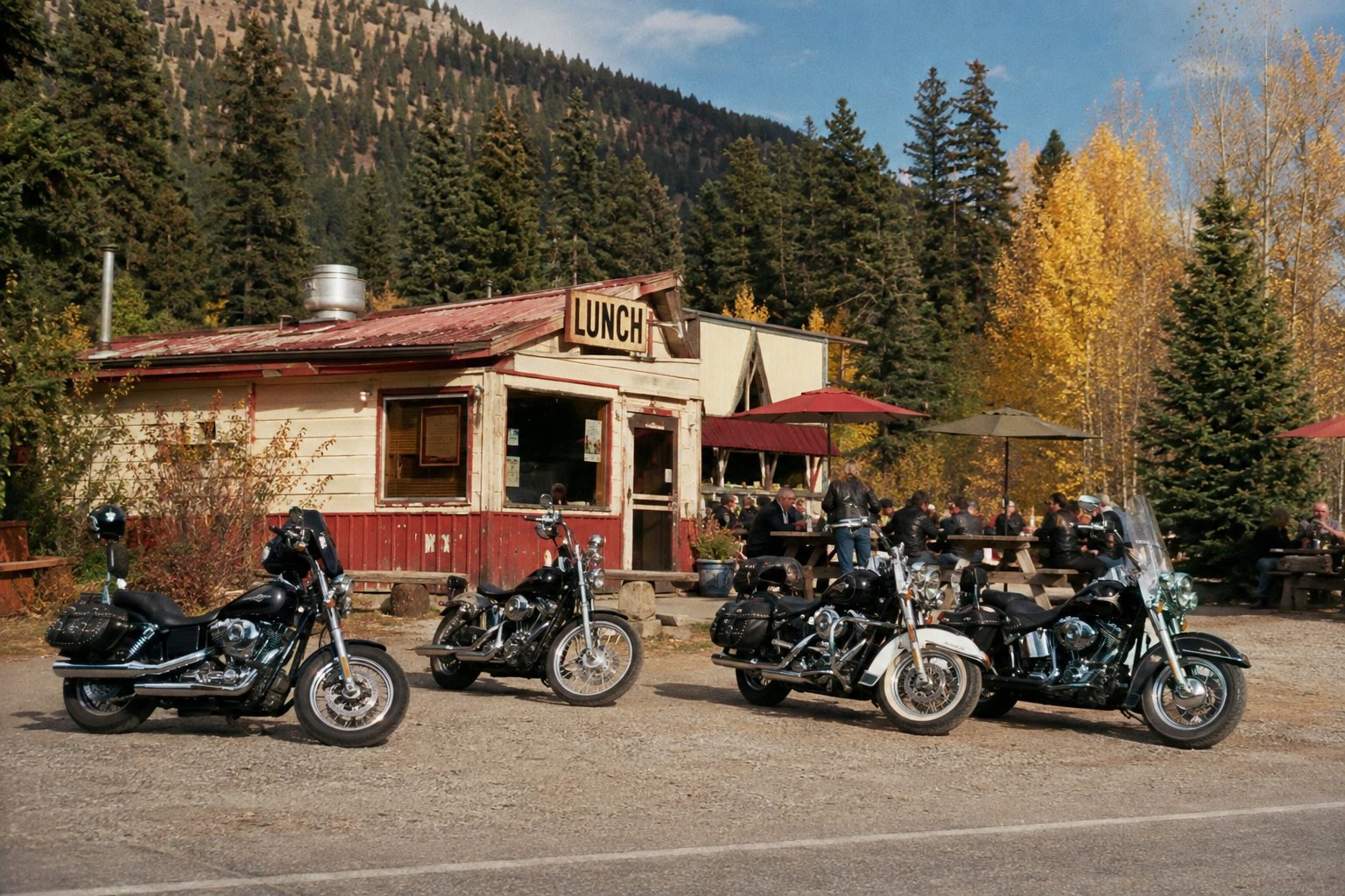 Concept scene of motorcycles parked outside a mountain diner with riders gathering for lunch