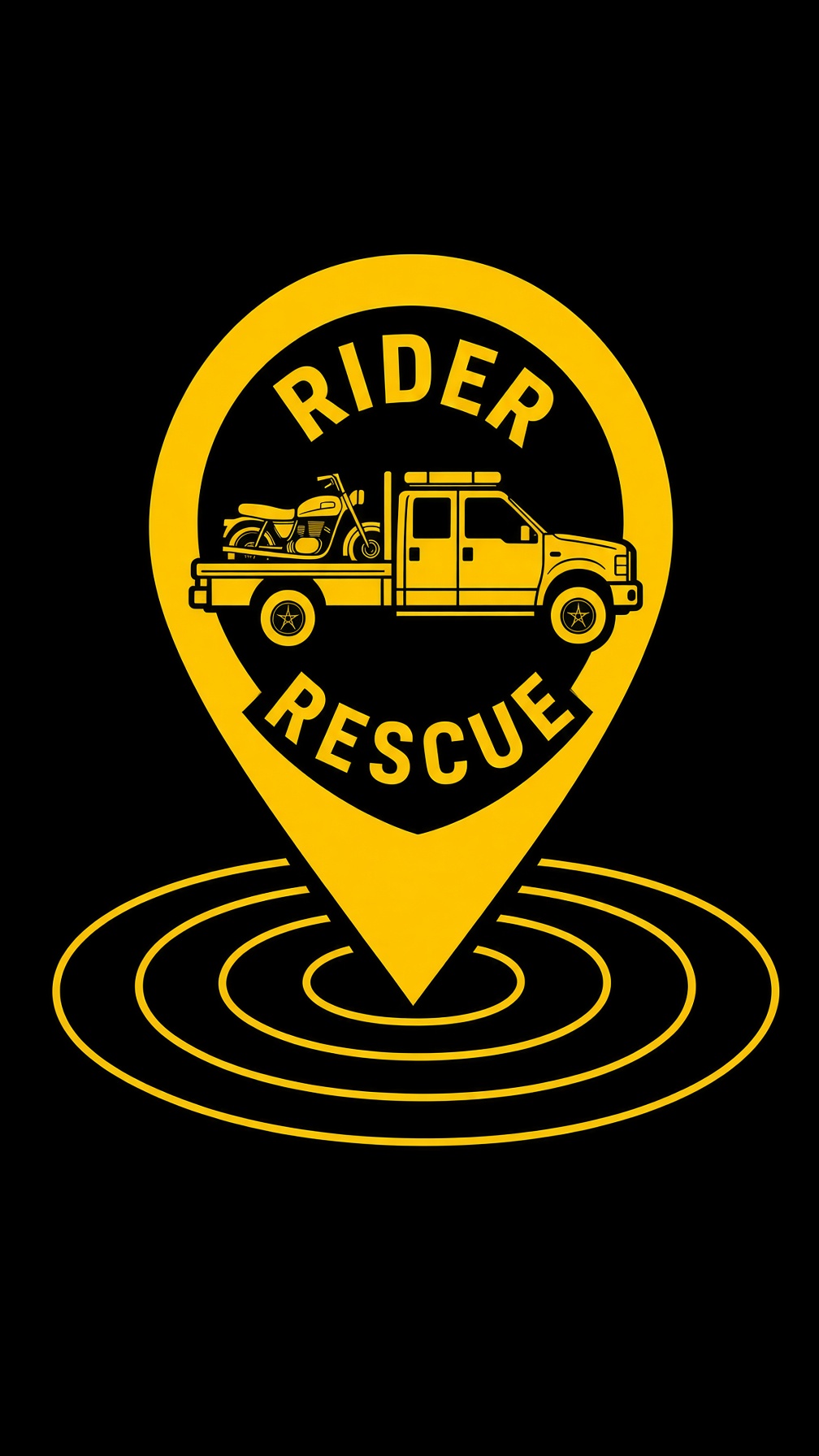 Rider Rescue Network logo: a yellow location pin with a motorcycle tow truck